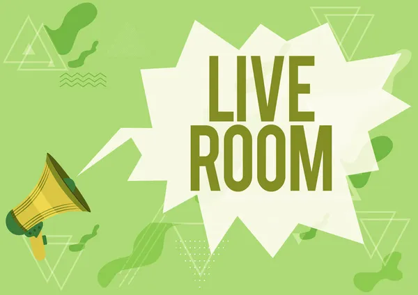 Afișare conceptuală Live Room. Cuvânt pentru camera într-o casă sau un apartament care este folosit pentru relaxare în Megaphone Desen cu bule de conversație Arată un nou anunț. — Fotografie, imagine de stoc