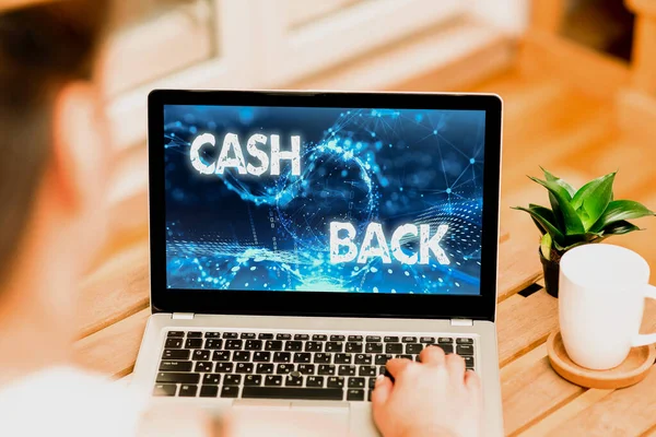 Skrivtecken Cash Back. Begreppet som betecknar en form av incitament som erbjuds köpare av vissa produkter Kvinna skriva på laptop bredvid Coffe Mug och växt som arbetar hemifrån. — Stockfoto