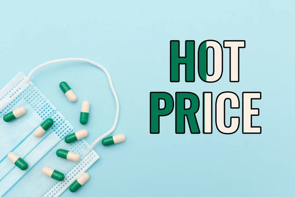 Conceptual caption Hot Price. Internet Concept Buyer or seller can obtain something for a product sold or buy Prescribed Medicine Vitamines And Minerals Pills And Medical Supplies — Stock Photo, Image