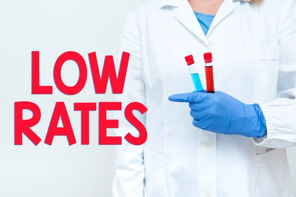 Inspiration showing sign Low Rates. Concept meaning A cost of an item or service which is usualy at its smallest price Testing Medicine And Vaccine For Virus Infection Laboratory Trial Tests — Stock Photo, Image