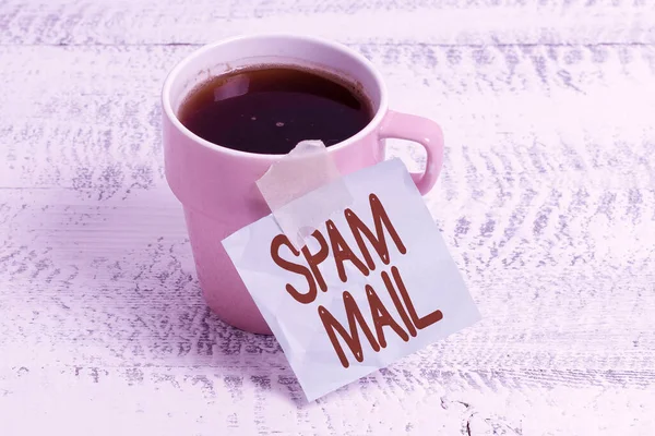 Inspiration showing sign Spam Mail. Business showcase Intrusive advertising Inappropriate messages sent on the Internet New Coffee Shop Ideas Writing Important Notes Coffee Break Time