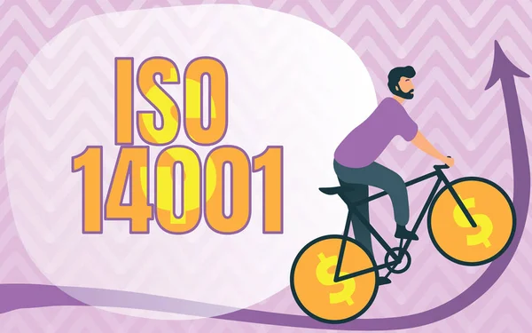 Hand writing sign Iso 14001. Business idea a family of standards related to environmental management Man Drawing Riding Bicycle With Dollar Sign Wheels Going Upward. — Stock Photo, Image