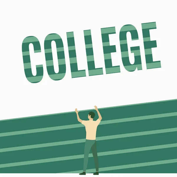 Sign displaying College. Business overview educational institution or establishment providing higher education Athletic Man Standing On Track Field Raising Both Hand Showing Celebration. — Stock Photo, Image