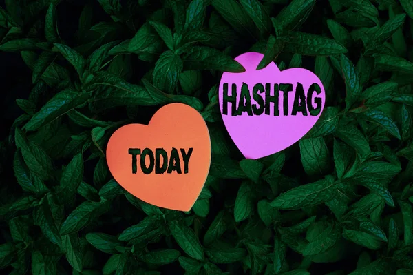 Konzeptioneller Displayhashtag. Konzept, das ein Wort oder eine Phrase meint, der ein Hash-Zeichen vorangestellt ist, Typ des Metadaten-Tags Herzförmiges Papier. — Stockfoto