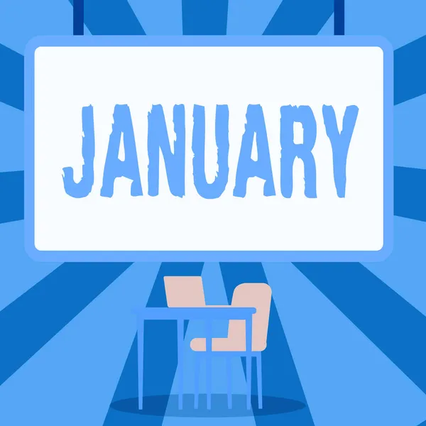 Cartel mostrando enero. Enfoque empresarial primer mes del año y considerado el segundo mes de invierno pizarra blanca con el ordenador portátil colocado en la parte superior de la mesa con silla. — Foto de Stock