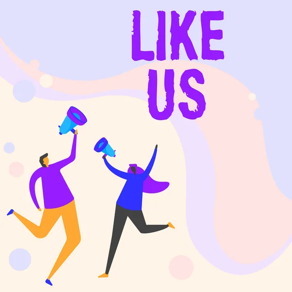 Концептуальный дисплей Like Us. Слово для просьбы следовать в социальных сетях Почувствуйте притяжение или удовольствие Иллюстрация партнеров Прыжки вокруг обмена мыслями через мегафон. — стоковое фото