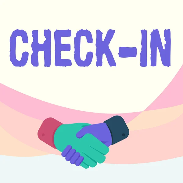 Κείμενο που δείχνει έμπνευση Check In. Εννοιολογική φωτογραφία Διαδικασία με την οποία μια αεροπορική εταιρεία ή ξενοδοχείο καταχωρεί επίσημα τον επισκέπτη Hands Drawing In Handshake Position Showing Proper Greet Manner. — Φωτογραφία Αρχείου