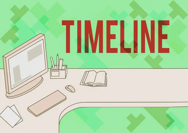 Writing displaying text Timeline. Internet Concept graphical representation of period time on which events are marked Office Desk With Computer Pen Holder And Open Blank Notebook. — Stock Photo, Image