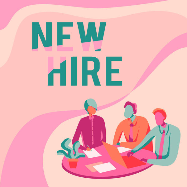 Text caption presenting New Hire. Concept meaning someone who has not previously been employed by the organization Colleagues Drawing Sitting On A Desk With Laptop Having Discussion.