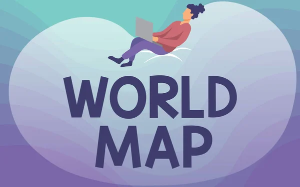 Leyenda conceptual World Map. Enfoque de negocios: una representación diagramática de la superficie de la tierra Lady Drawing Sentado en una bolsa de frijoles grande usando computadora portátil. —  Fotos de Stock