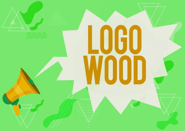 Texto que presenta Logo Wood. Foto conceptual Diseño reconocible o símbolo de una empresa inscrita en madera Megáfono Dibujo con conversación Burbuja Mostrando Nuevo Anuncio. — Foto de Stock