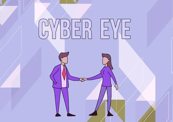 Inspiração mostrando sinal Cyber Eye. Internet Concept ferramenta envolve-se na construção de tecnologias inteligentes em cibersegurança Homem e mulher de pé voltados para o outro segurando as mãos. — Fotografia de Stock