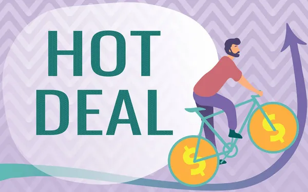 Konceptuell bildtext Hot Deal. Affärsidé Ett avtal genom vilket en av konditorerna erbjuds och accepterar Man Drawing Riding Bicycle With Dollar Sign Wheels Going Upward. — Stockfoto