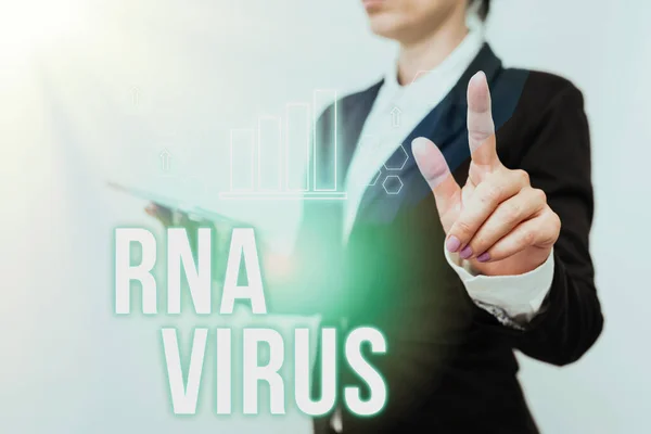 Inspiración mostrando signo virus del Rna. Concepto que significa que la información genética de un virus se almacena en la forma de ARN Mujer en traje que sostiene la tableta que muestra la pantalla de interfaz futurista. —  Fotos de Stock