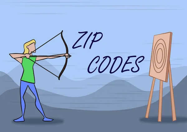 手写文字Zip代码。将数字字添加到邮政地址，以帮助对邮件进行分类。女士弓箭手手举弓瞄准目标. — 图库照片