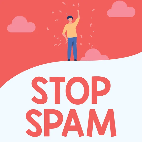 Pisanie tekstu Stop Spam. Business showcase koniec Intruzyjne lub niewłaściwe wiadomości wysyłane w Internecie Man Drawing Raising Hand Sky Standing Hill Wyświetlanie Sukces. — Zdjęcie stockowe