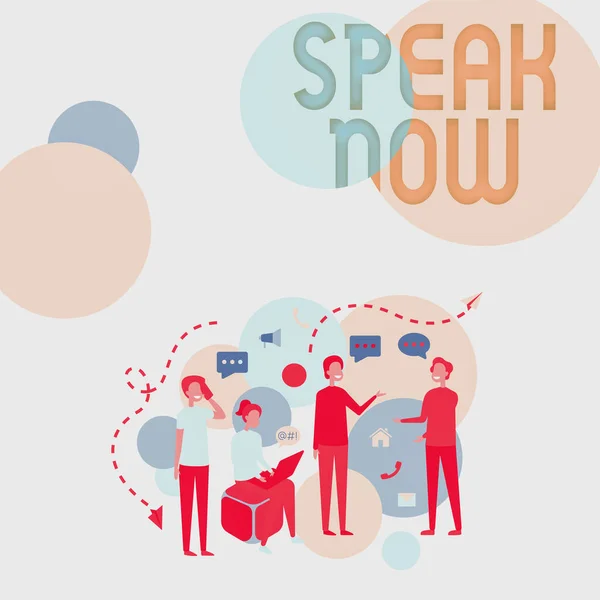 Ihletet adó szöveg Speak Now. Word for Kommunikálja nekünk az érzéseit és információit Hangoztassa ki négy kollégáját Illusztráció Beszélgetések folytatása Ötletbörze Új ötletek. — Stock Fotó