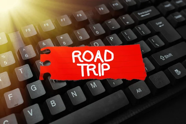 Text sign showing Road Trip. Business approach long distance journey on the road traveled by automobile Typing Employment Agreement Sample, Transcribing Online Talk Show Audio — Stock Photo, Image