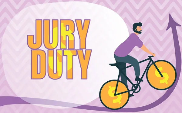 Exibição conceitual Jury Duty. Obrigação de abordagem de negócios ou um período de atuação como membro de um júri no tribunal Man Drawing Riding Bicicleta com rodas de sinal de dólar indo para cima. — Fotografia de Stock