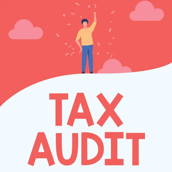 Segno di scrittura a mano Tax Audit. Internet Concetto esame o verifica di un business o dichiarazione dei redditi individuale Man Drawing Alza la mano Sky Standing Hill Mostrando successo. — Foto Stock