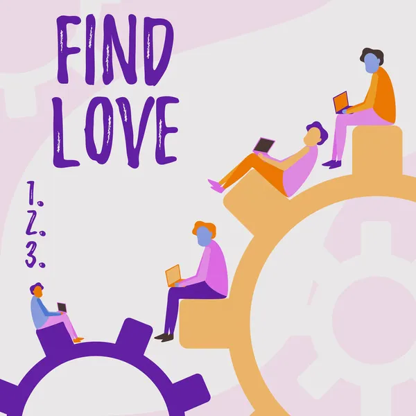 Kézírás szöveg Find Love. Internet Concept ragaszkodás egy másik felmerülő rokonság vagy személyes kapcsolatok Négy csapattárs Rajz ülő fogaskerekek használata Laptop mutató haladás. — Stock Fotó