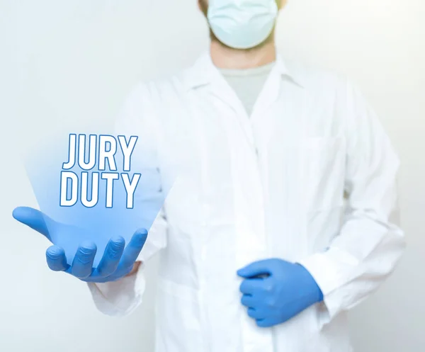 Texto mostrando inspiração Jury Duty. Obrigação de foto conceitual ou um período de atuação como membro de um júri em tribunal Doutor Explicando Termos Médicos, Segurança Laboratorial de Ensino de Cientistas — Fotografia de Stock