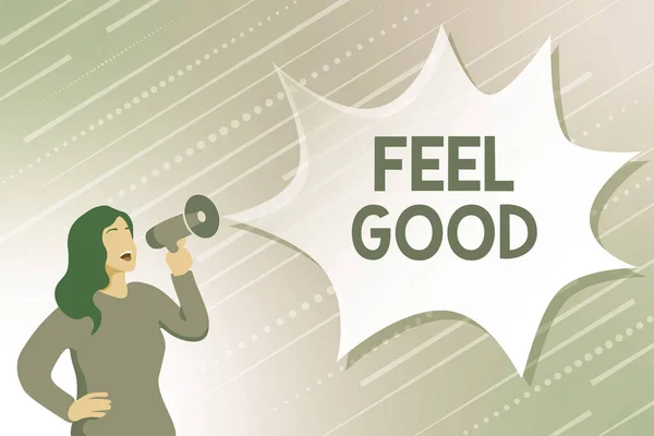 Signo de texto que muestra Feel Good. Concepto de negocio relacionado o promoviendo un sentido a menudo engañoso de satisfacción Métodos modernos de procesamiento de datos, mecanografía y edición de artículos en línea — Foto de Stock