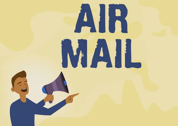 Sinal de texto mostrando Air Mail. Negócios mostram os sacos de cartas e pacotes que são transportados por avião Man Drawing Away Apontando Megafone Fazendo Novo Anúncio. — Fotografia de Stock