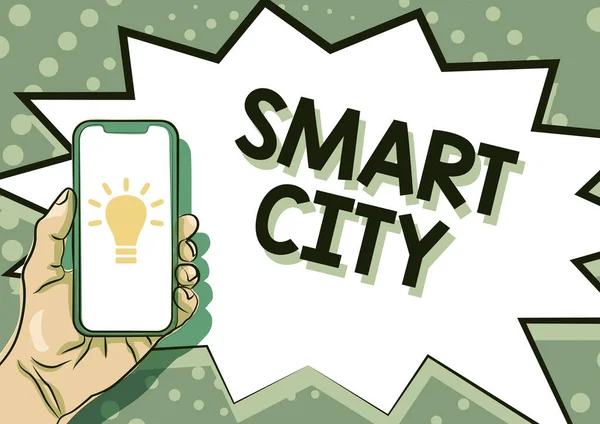 Inspiracja pokazując znak Smart City. Przegląd biznesowy obszar miejski, który wykorzystuje inny elektroniczny Internet rzeczy Wyświetlanie ważnych informacji, Prezentacja Smartphone Annucements — Zdjęcie stockowe