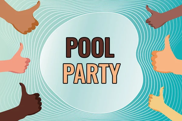 Inspiration zeigt Zeichen Pool Party. Geschäftsübersichtsfeier, die Aktivitäten in einem Schwimmbad umfasst Erstellen und Versenden von E-Mail-Nachrichten online, Datenverarbeitung Jobs — Stockfoto