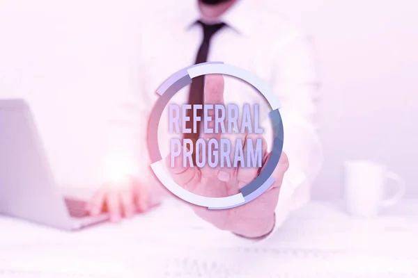 Text sign showing Referral Program. Word for internal recruitment method employed by organizations Remote Office Work Online Presenting Business Plan And Designs — Stock Photo, Image