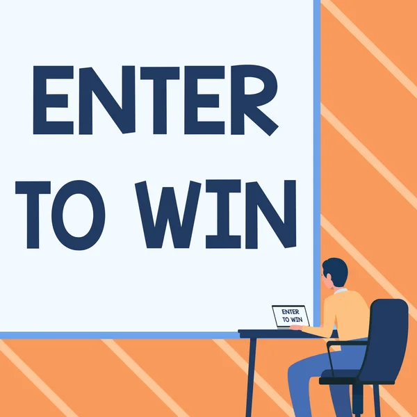 Zarejestruj wyświetlając Enter To Win. Pomysł na biznes wymieniając coś wartościowego dla nagrody szansę wygranej nagrody Człowiek Siedzący fotel Korzystanie Laptop umieszczony na stole z dużą Blank Board. — Zdjęcie stockowe