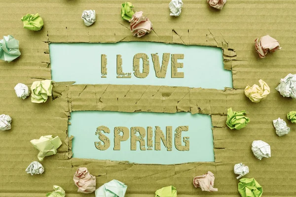 Знак "Я люблю весну". Бизнес-идея, объясняющая, почему, имея сильную привязанность к этому сезону, формирование новых мыслей раскрывает свежие идеи, принимающие изменения — стоковое фото