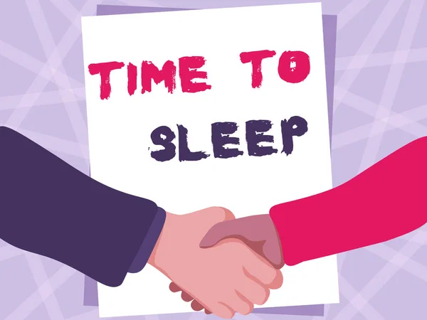 Rukopisný text Time To Sleep. Obchodní nápad přirozené období spánku, nebo být ve stavu nečinnosti Dva muži kreslení s prázdným papírem potřesení rukou prezentační dohoda. — Stock fotografie