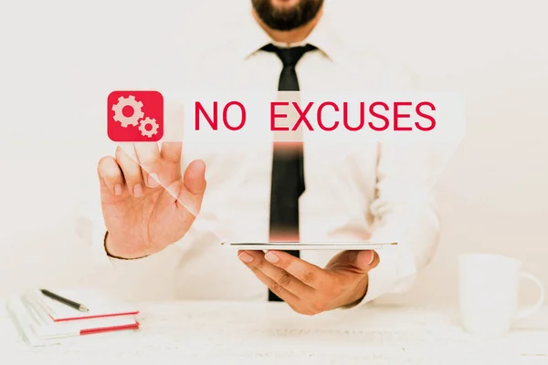 Text sign showing No Excuses. Word for should not happen or expressing disapproval that it has happened Presenting Communication Technology Smartphone Voice And Video Calling — Stock Photo, Image