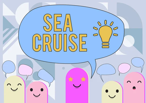Escribiendo mostrando texto Sea Cruise. Concepto de negocio: un viaje en un barco o barco tomado por placer o como vacaciones. Dibujo de cabezas de dibujos animados. Dibujo con discurso.. — Foto de Stock