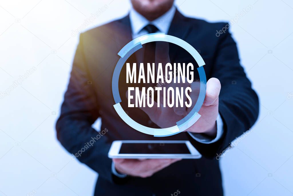 Hand writing sign Managing Emotions. Business idea ability be open to feelings and modulate them in oneself Presenting New Technology Ideas Discussing Technological Improvement
