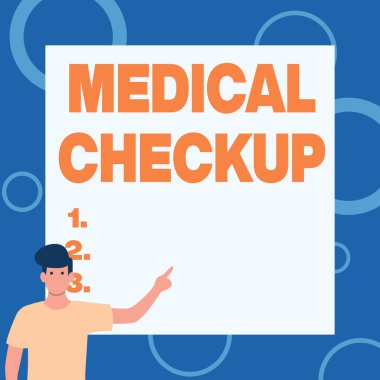 İlham veren tıbbi muayeneyi gösteren bir metin. İşletme vitrini fiziksel muayenesi çeşitli testler içeriyor. Beyefendiler, Beyaz Tahtadaki İşaret Parmağını İşaret Ediyor..