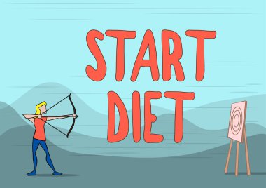 Metin Başlatma Diyeti yazılıyor. İş fikri özel ders yemeği. Kendini Lady Archer Illustration Holding Bow 'un hedefiyle sınırlandırıyor..