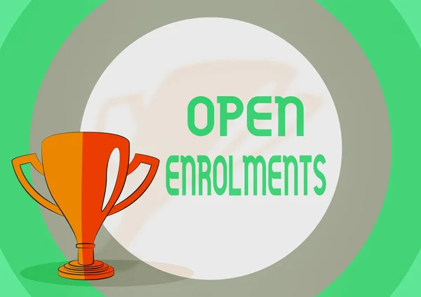 Text sign showing Open Enrolments. Business approach when employees may make changes to elected fringe benefit Competition Trophy Drawing With Large Blank Space Background. — Stock Photo, Image