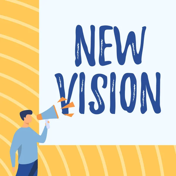 Podpis wyświetlający New Vision. Konceptualne zdjęcie widząc pewne przyszłe wydarzenia Nadzieja na przyszłość Biznesmen Rysunek Rozmowa przez Megafon Dokonywanie nowego ogłoszenia. — Zdjęcie stockowe