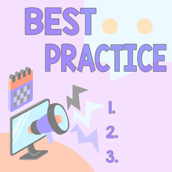 Handwriting text Best Practice. Business overview commercial procedures that are accepted prescribed being correct Monitor Drawing With Megaphone Producing Lighting To Message . — Stock Photo, Image