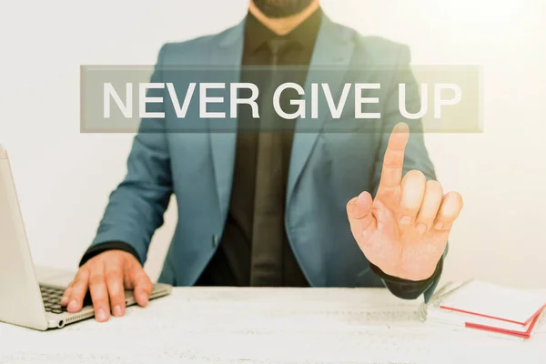 Hand writing sign Never Give Up. Business concept be persistent to keep on trying to improve the condition Remote Office Work Online Presenting Business Plans Designs — Stock Photo, Image