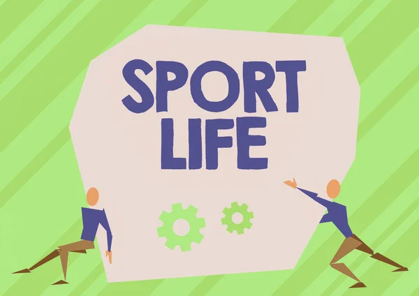 Ručně psané znamení Sport Life. Obchodní přístup Fond sportovních nebo jiných outdoorových aktivit Fyzicky aktivní Dva muži Ilustrace se snaží zvednout extra velkou skálu na cestu. — Stock fotografie