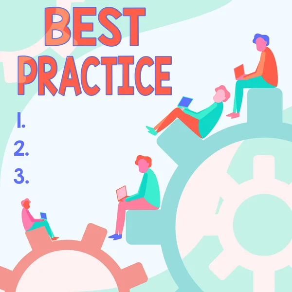 Writing displaying text Best Practice. Business overview commercial procedures that are accepted prescribed being correct Four Teammates Drawing Sitting Gears Using Laptop Showing Progress. — Stock Photo, Image