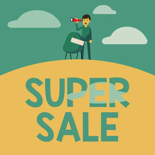 Kirjoitetaan tekstiä Super Sale. Liikeidea tarjoaa poikkeuksellisia alennuksia valikoiduista tuotteista ja palveluista Man Binoculars Kuvitus Pysyvä tuoli kyltin näköisiä mahdollisuuksia. — kuvapankkivalokuva