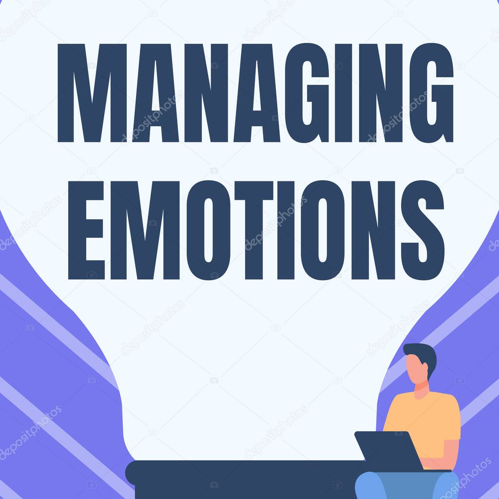 Conceptual caption Managing Emotions. Business approach ability be open to feelings and modulate them in oneself Gentleman Sitting And Using Laptop Beside A Large Light Bulb.