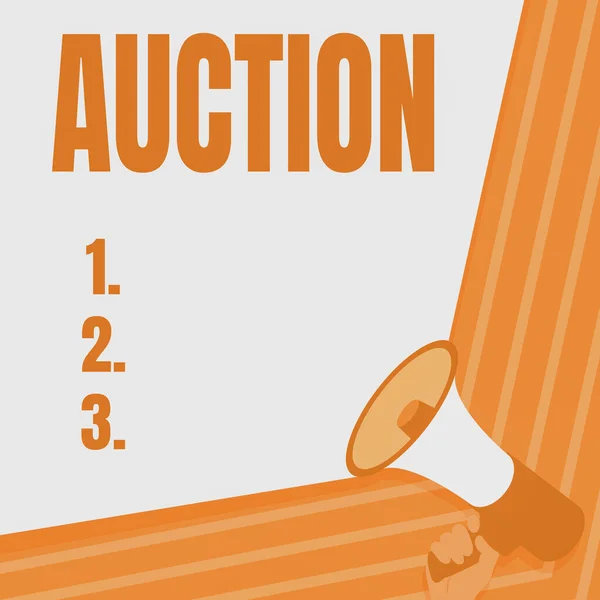 Text sign showing Auction. Business concept Public sale Goods or Property sold to highest bidder Purchase Illustration Of Hand Holding Megaphone Making Wonderfull Announcement. — Stock Photo, Image