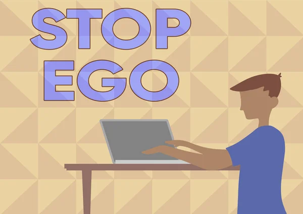 El yazısını durdurun Ego 'yu durdurun. İş genel değerlendirmesi bir karar, bir olay ya da herhangi bir şeye olan takıntınızı kontrol edin. Dizüstü bilgisayarınızı ahşap masanın üstüne yerleştirin.. — Stok fotoğraf