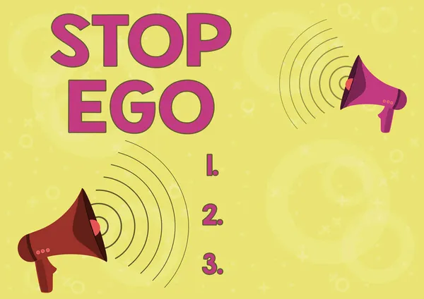 概念的キャプション｜Stop Ego.ビジネス概要決定やイベントなどについての強迫観念を制御する音波の作成を描くメガホンのペア発表. — ストック写真
